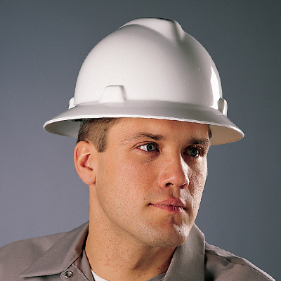 Picture of a man wearing a MSA brand hard hat